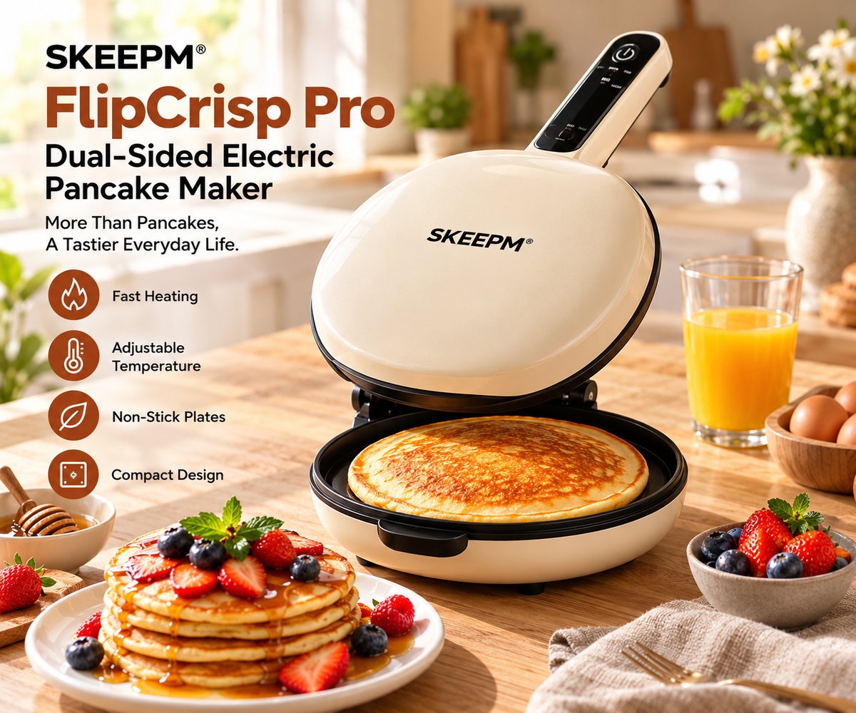 SKEEPM® FlipCrisp Pro Dual-Sided Electric Pancake Maker – Rapid Heating, Adjustable Temperature, Non-Stick Cooking Plates & Compact Design for Breakfast, Snacks and Everyday Home Cooking 🌿