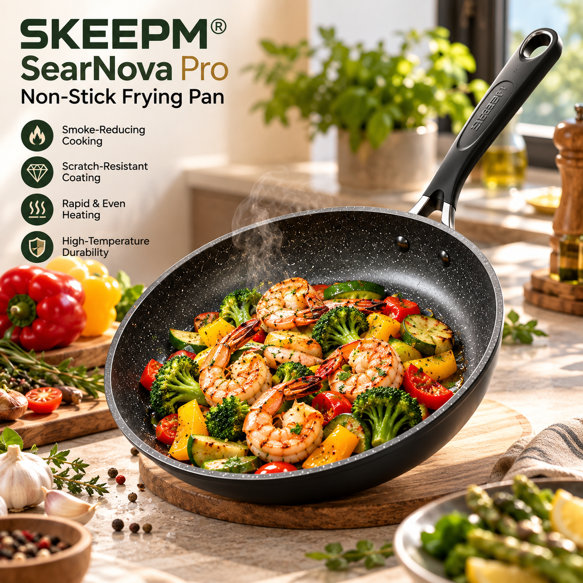 🍳 SKEEPM® SearNova Pro Non-Stick Frying Pan – Smoke-Reducing Scratch-Resistant Coating, Rapid Even Heating, High-Temperature Durability & Cool-Touch Handle for Frying, Stir-Frying and Searing
