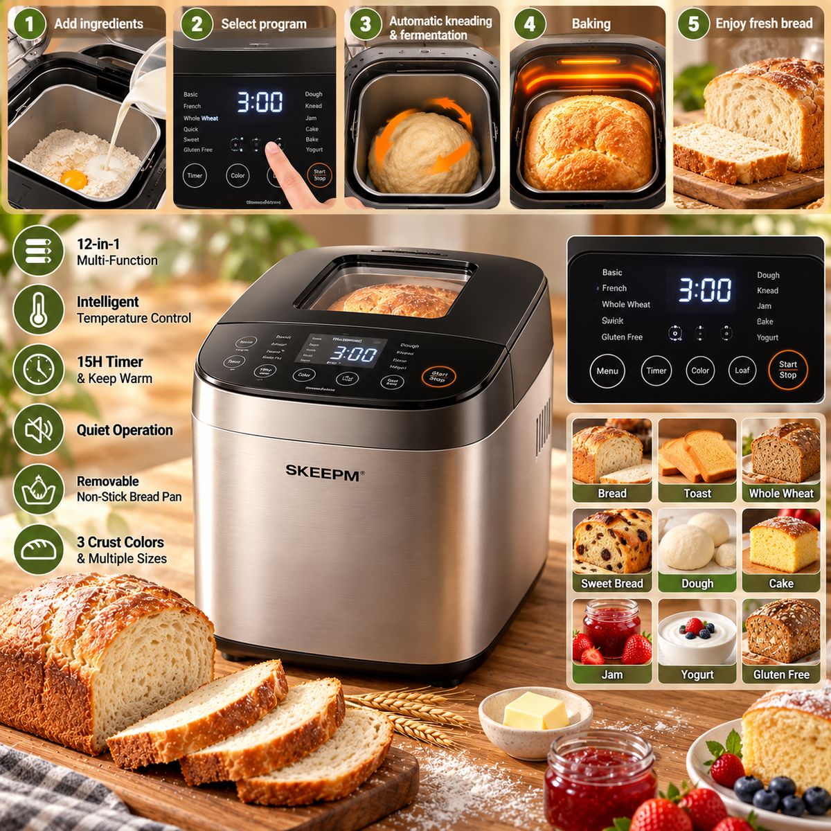 SKEEPM® LoafCraft Pro Smart Automatic Bread Maker – Precision Fermentation, Intelligent Temperature Control, Quiet Baking, Removable Easy-Clean Bread Pan & Multi-Function Baking for Bread, Toast and Cake 🍞