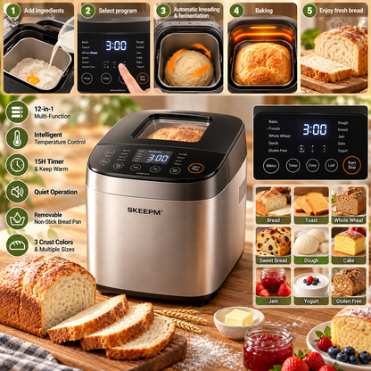 SKEEPM® LoafCraft Pro Smart Automatic Bread Maker – Precision Fermentation, Intelligent Temperature Control, Quiet Baking, Removable Easy-Clean Bread Pan & Multi-Function Baking for Bread, Toast and Cake 🍞
