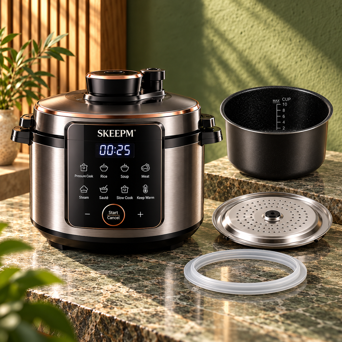 SKEEPM® PressureNova 6QT Smart Diamond Non-Stick Pressure Cooker – Reinforced Aluminum Alloy, One-Touch Pressure Release, Digital Control & Energy-Efficient Fast Cooking for Everyday Meals 🌹