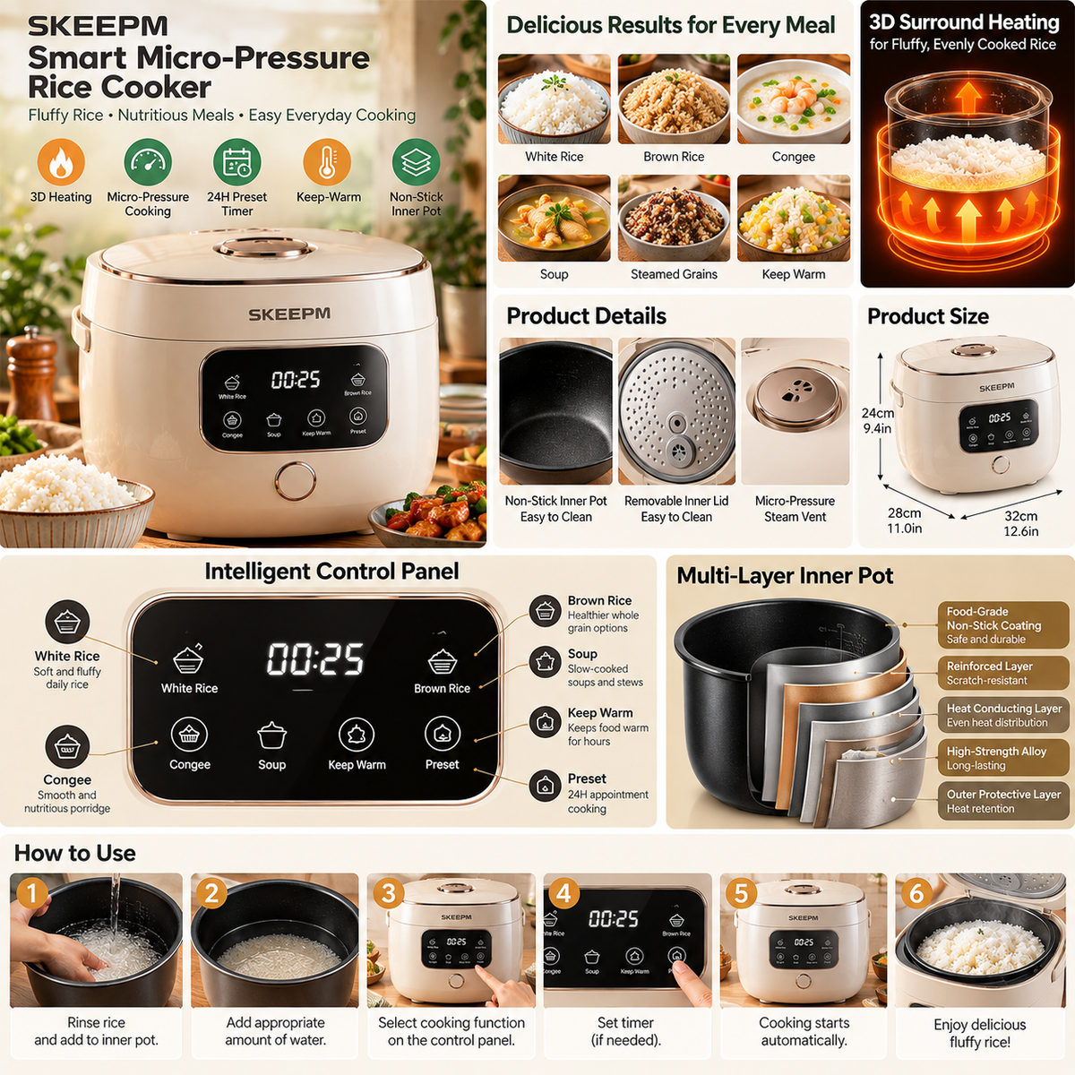 🍚 SKEEPM® GrainPulse Pro Smart Micro-Pressure Rice Cooker – Precision 3D Heating, Firewood-Style Rice, Congee, 24H Preset Timer, Keep-Warm & Non-Stick Everyday Cooking 💥