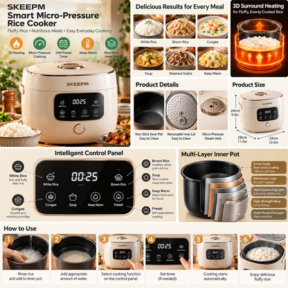 🍚 SKEEPM® GrainPulse Pro Smart Micro-Pressure Rice Cooker – Precision 3D Heating, Firewood-Style Rice, Congee, 24H Preset Timer, Keep-Warm & Non-Stick Everyday Cooking 💥