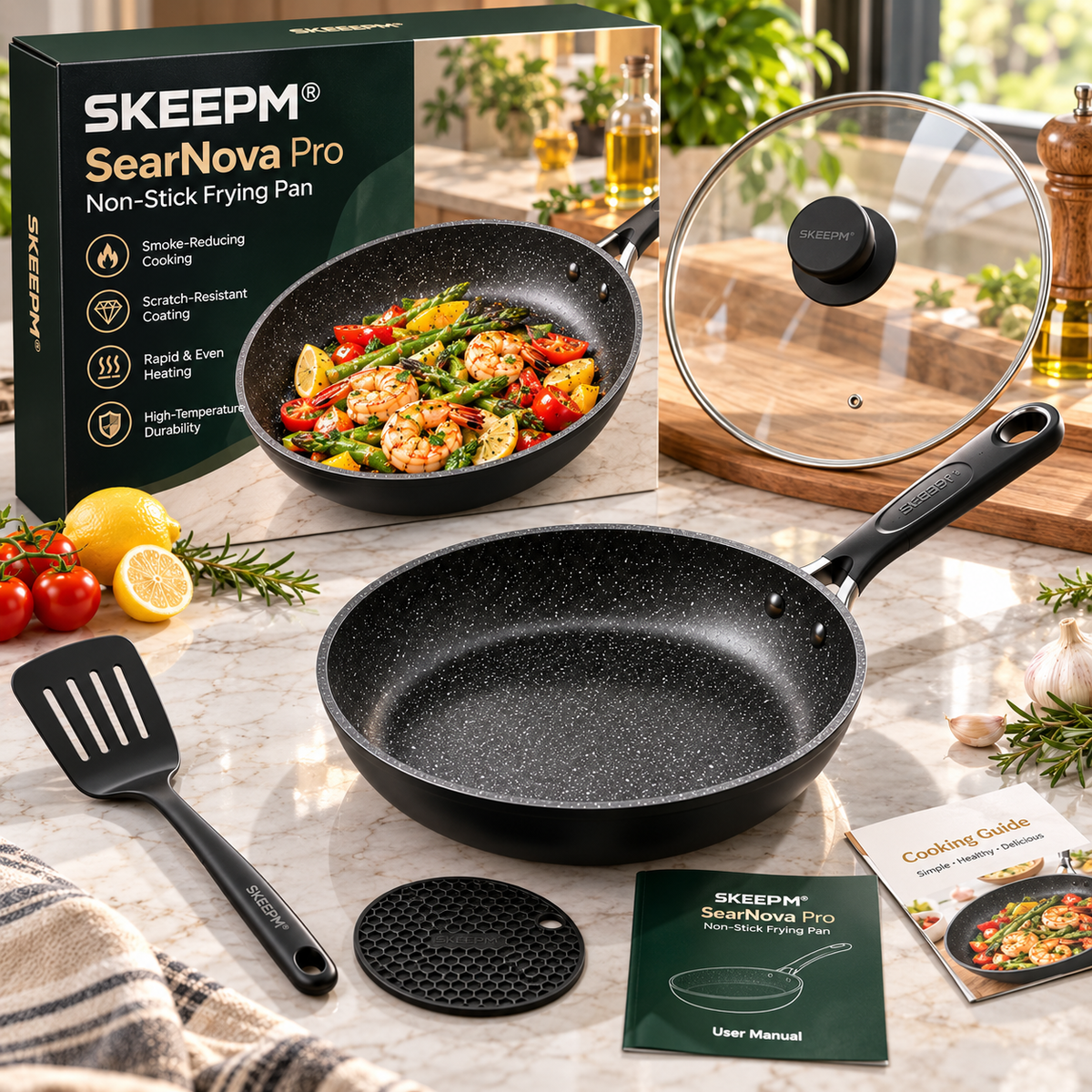 🍳 SKEEPM® SearNova Pro Non-Stick Frying Pan – Smoke-Reducing Scratch-Resistant Coating, Rapid Even Heating, High-Temperature Durability & Cool-Touch Handle for Frying, Stir-Frying and Searing