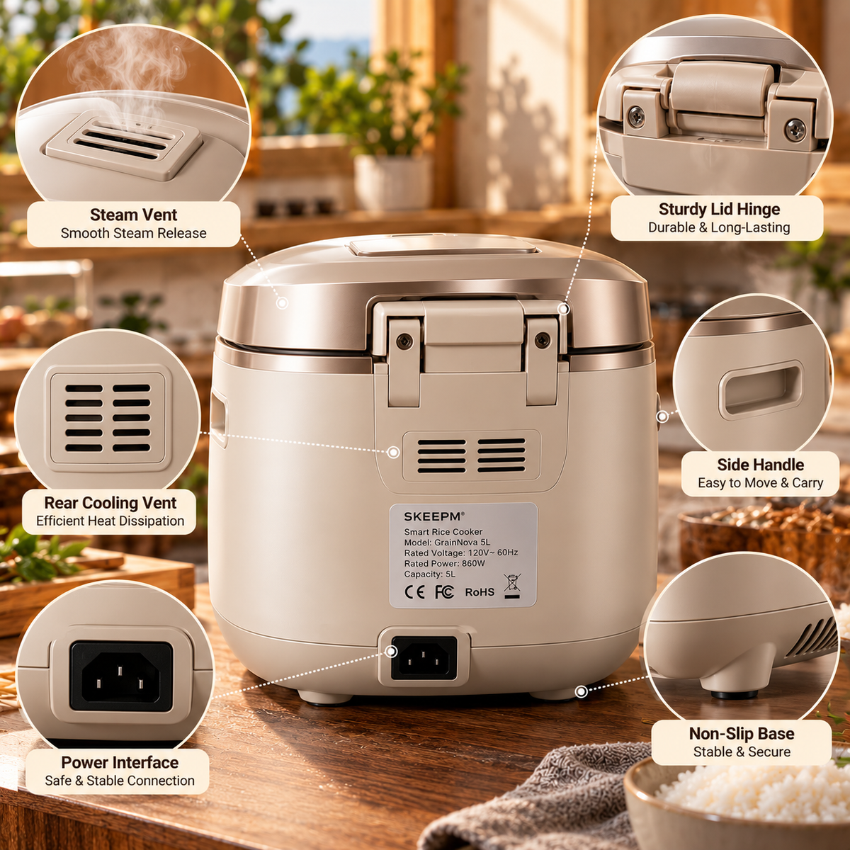 SKEEPM® GrainNova 5L Smart Rice Cooker – 3D Surround Heating, Non-Stick Inner Pot, 24H Preset Timer, Keep-Warm, Anti-Overflow & Easy-Clean Cooking for Rice, Grains and Everyday Meals 🍚