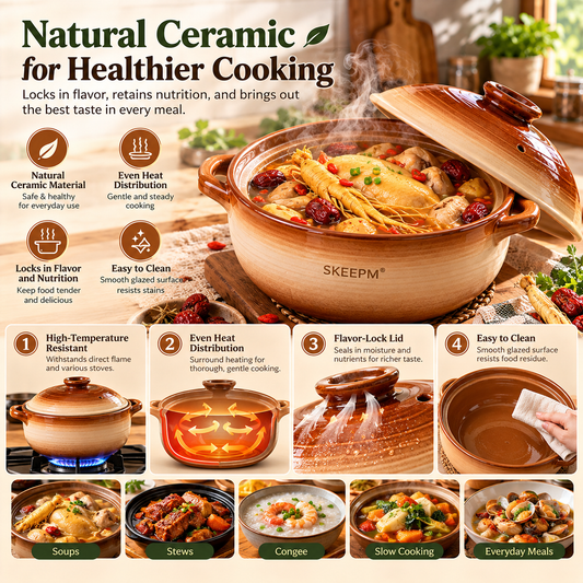 SKEEPM® TerraCook Pro Ceramic Casserole – High-Heat Resistant Earthen Pot with Flavor-Lock Lid for Slow Stews, Soups & Everyday Healthy Cooking 🍲