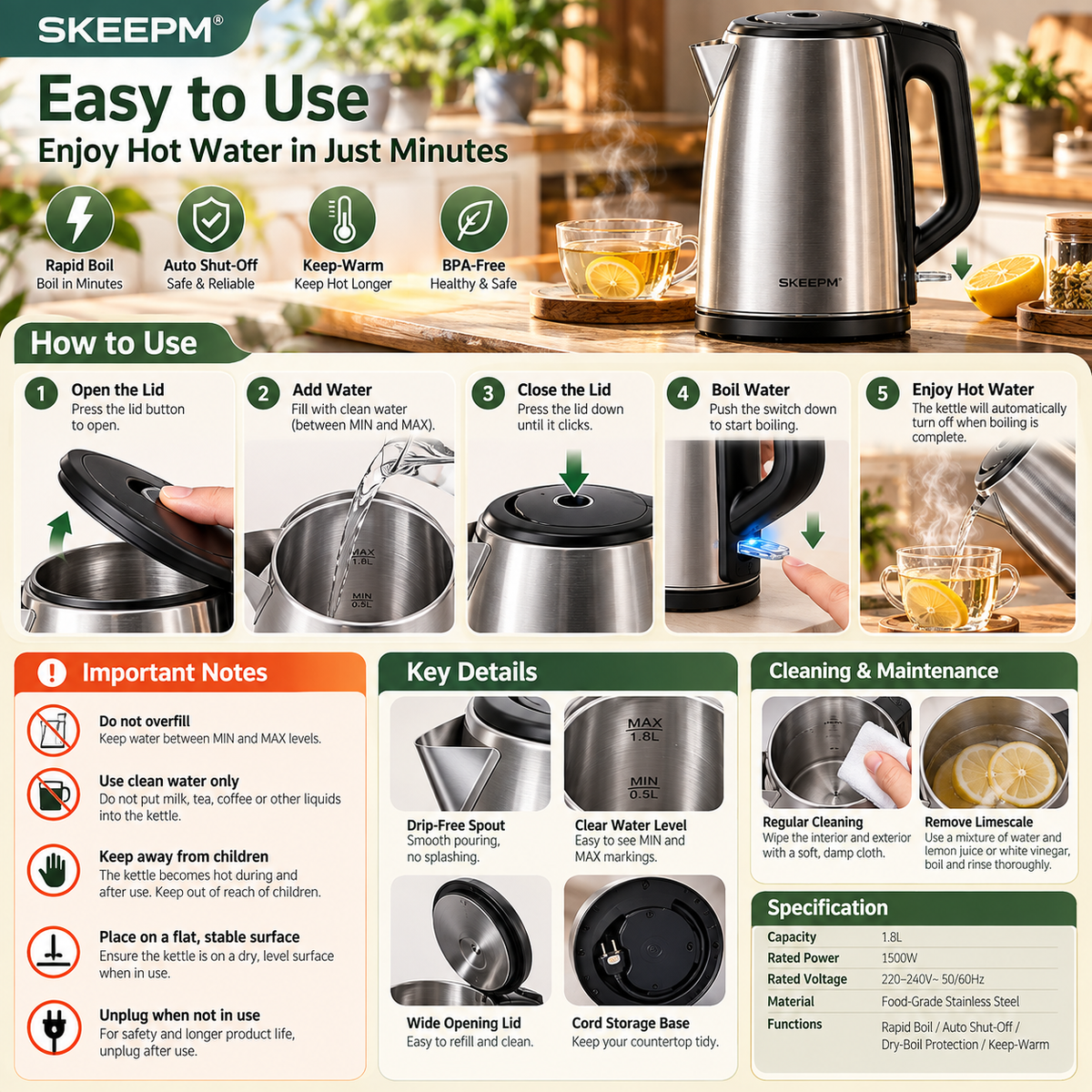 SKEEPM® ThermoPure Pro 1.8L Stainless Steel Electric Kettle – Rapid Boil, Auto Shut-Off, Dry-Boil Protection, Keep-Warm & Cool-Touch Safety Design 🥛