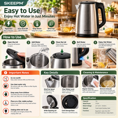 SKEEPM® ThermoPure Pro 1.8L Stainless Steel Electric Kettle – Rapid Boil, Auto Shut-Off, Dry-Boil Protection, Keep-Warm & Cool-Touch Safety Design 🥛