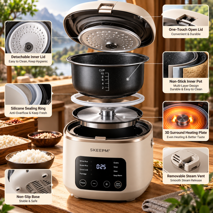 SKEEPM® GrainNova 5L Smart Rice Cooker – 3D Surround Heating, Non-Stick Inner Pot, 24H Preset Timer, Keep-Warm, Anti-Overflow & Easy-Clean Cooking for Rice, Grains and Everyday Meals 🍚