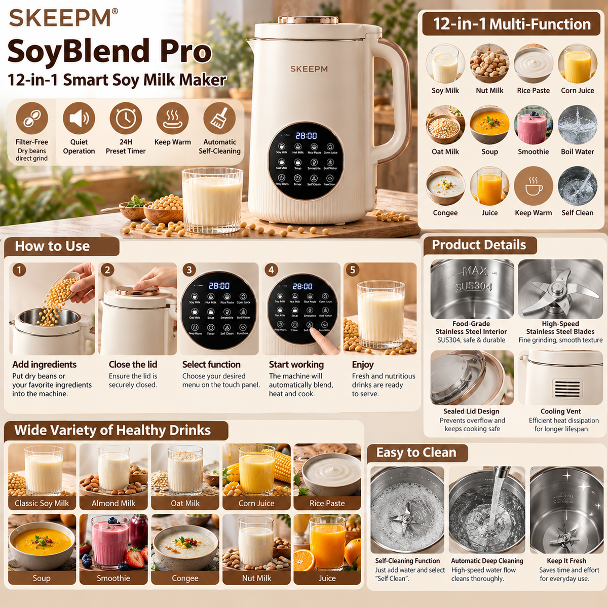✨ SKEEPM® SoyBlend Pro 12-in-1 Smart Soy Milk Maker – Filter-Free Dry Bean Grinding, Quiet High-Speed Blending, 24H Preset Timer, Keep-Warm & Automatic Self-Cleaning for Fresh Plant-Based Drinks