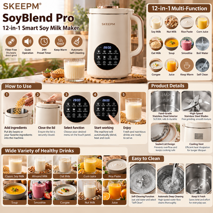 ✨ SKEEPM® SoyBlend Pro 12-in-1 Smart Soy Milk Maker – Filter-Free Dry Bean Grinding, Quiet High-Speed Blending, 24H Preset Timer, Keep-Warm & Automatic Self-Cleaning for Fresh Plant-Based Drinks
